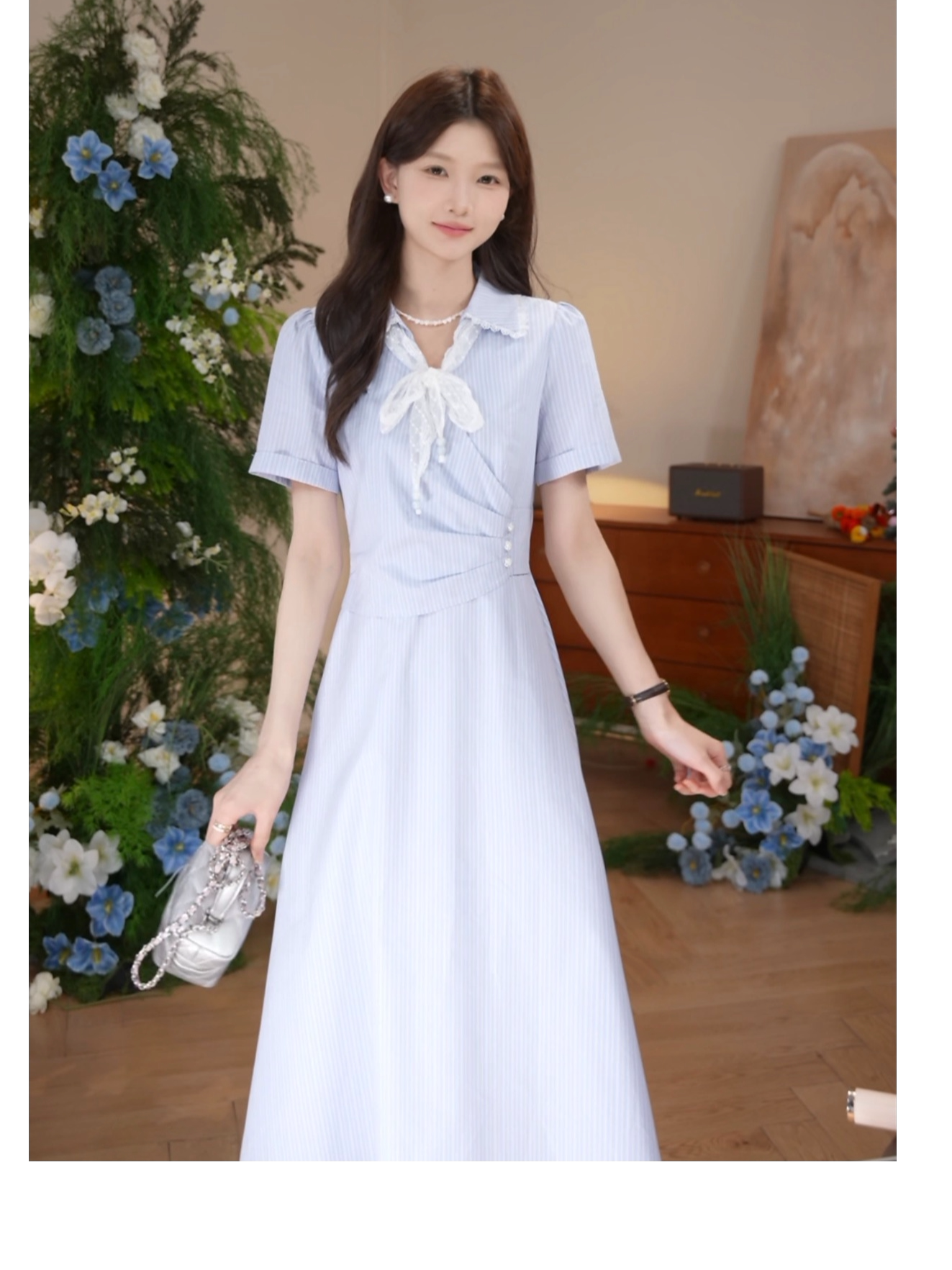 포함 스카프 miu 부서 달콤함 품격 출퇴근 다용도 파란색 스트라이프 드레스 2026 중간 길이 치마