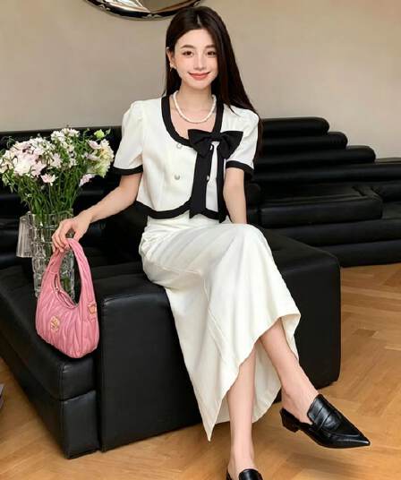 2026 여름 새로운 프랑스식 작은 샤넬 스타일 흑인과 백인 배색 나비 매듭 세트 높음 지혜 센스 미니멀리즘 고급 투피스 세트