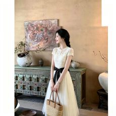 法式淑女网纱公主裙重工钉珠蝴蝶结蕾丝拼接长款连衣裙2026夏新款