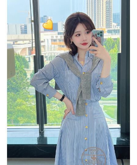 2026 년 가을 새로운 블루 스트라이프 긴팔 셔츠 여성 드레스 프랑스식 품격 허리 수축 슬림해 보이는 롱 스커트 여성