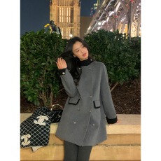 批发韩系拼接撞色毛呢<b class='q'>外套</b>2026年秋冬新款简约双排扣宽松显瘦<b class='q'>大</b>衣<b class='q'>女</b>