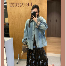 批发郑春花 重磅撞色拼接PU皮翻领牛仔<b class='q'>外套</b>女宽松<b class='q'>百搭</b>工装风夹克上衣