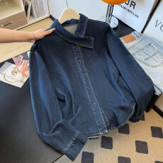 批发韩系蓝色正肩<b class='q'>牛仔</b><b class='q'>衬衫</b>女春秋2025新款设计感复古叠穿<b class='q'>衬衣</b>长袖上衣