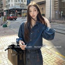 批发板栗可可Bankelili lady老钱风 复古水洗小马标<b class='q'>牛仔</b><b class='q'>衬衫</b>