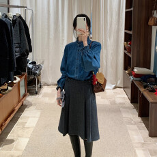 批发YNVN韩系花边领磨毛<b class='q'>牛仔</b><b class='q'>衬衫</b>女装设计感小众长袖<b class='q'>衬衣</b>2026春装新款