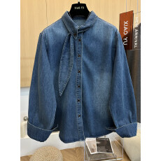 批发高端欧货冬季新款超好看复古时尚气质加厚磨毛系带<b class='q'>牛仔</b><b class='q'>衬衫</b>上衣女