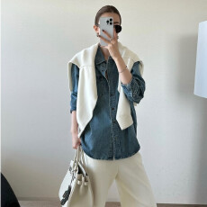 批发CodeNam 复古水洗浅蓝牛仔衬衫叠穿内搭长袖上衣通勤简约<b class='q'>气质</b>衬衣