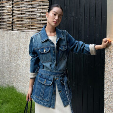 批发PURITY YH法式<b class='q'>通勤</b>简约秋季宽松时尚女牛仔外套休闲复古绑带上衣