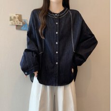 批发蓝色复古<b class='q'>牛仔</b>衬衫<b class='q'>外套</b>女春秋2025<b class='q'>大码</b>胖mm显瘦遮肚设计感爆款上衣