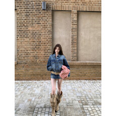 批发水洗做旧蓝色牛仔外套女早春穿搭港风复古套装半身裙裤短裙<b class='q'>两件套</b>