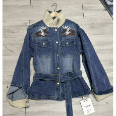 批发深圳南油2026春<b class='q'>夏</b>新款港风时尚收腰系带翻领长袖牛仔外套刺绣图案