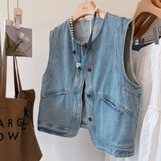批发配项链 度假风日系<b class='q'>牛仔</b>马甲 水洗薄面料圆领叠穿两件套马甲上衣女