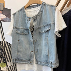 批发自留款推荐~浅色<b class='q'>牛仔</b>坎肩无袖马甲上衣女圆领小个子开衫叠穿外搭