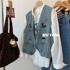 批发MUYANG 重工收藏版！自留 刺绣图案 水洗牛仔马甲 松弛牛仔坎肩