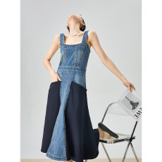 批发顾里里Guuli/法式牛仔拼接无袖<b class='q'>背带</b>连衣裙今年流行的漂亮裙子女夏