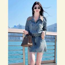 批发夏季气场强大名媛气质女神范高级感大方得体<b class='q'>牛仔</b><b class='q'>衬衫</b>连衣裙套装女