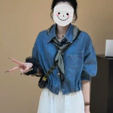 批发条纹丝巾<b class='q'>牛仔</b>长袖<b class='q'>衬衫</b>女春2026新款复古小个子披肩短款<b class='q'>牛仔</b>衣上衣