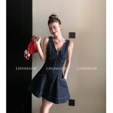 批发LINONEONE si服复古coco 重工质感大口袋明线撞色修身牛仔连衣裙