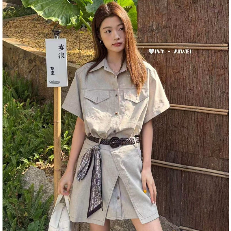 ivy 아이 웨이 여름 신제품 한국 스타일 레트로 POLO 칼라 워크웨어 셔츠 하이웨이스트 방귀 커튼 반신 스커트 두 조각 여성 세트