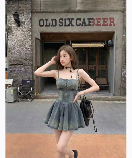 chenjiazhen 레트로 데님 슬립 여성 드레스 허리 허리 수축 불규칙 미니 스커트 디자인 센스