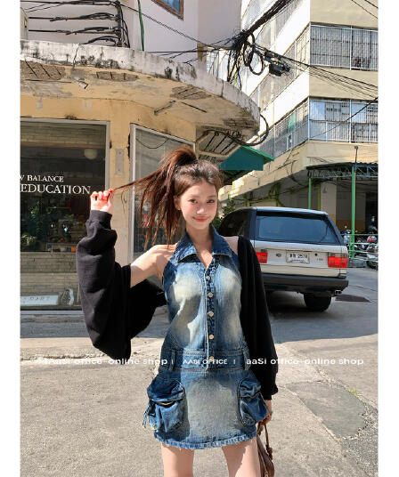 쇼 와 블루 아메리칸 고대 복장 센스 표지 고기 슬림해 보이는 백리스 행침 목 칼라 데님 드레스