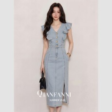 批发修身夏季纽扣法式千金风小飞袖<b class='q'>牛仔</b>连衣裙女夏收腰高级感气质<b class='q'>长裙</b>
