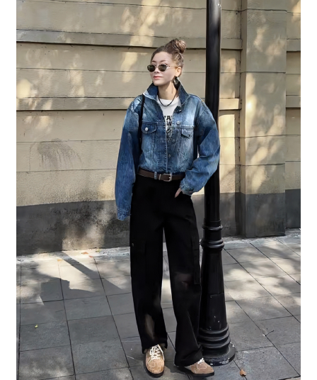 missko 코코아 해피 자매 사계절 작은 대중 섹션 벨트 느긋한 바람 무거운 워시 물 데님 재킷 맨위 여성 코트