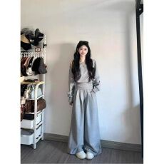 批发2025慵懒风套装女美式辣妹斜肩长袖上衣高腰阔腿裤休闲显瘦两件套