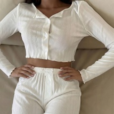 批发ins欧美性感辣妹套装休闲长袖长裤两件套睡衣系扣木耳边家居服女