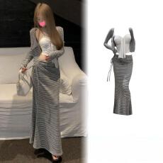 批发韩系慵懒风条纹<b class='q'>显瘦</b>辣妹三件套女装小众设计感吊带开衫半身裙套装