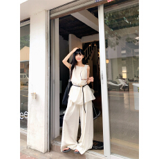 批发实拍实价 清冷感无袖扭结设计<b class='q'>中长款</b>背心上衣+显瘦阔腿休闲<b class='q'>裤</b>套<b class='q'>装</b>