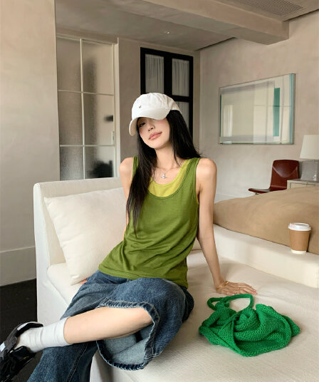 실사 정가 한 세대 작은 대중 여름 부드러운 찹쌀 얇고 가벼운 버터 과일 부서 같은 색깔 스택 착용 두 조각 조끼 맨위