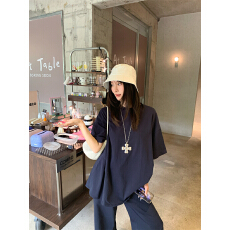 批发现实拍 慵懒纯色遛弯套装宽松藏青短袖T恤+松紧腰<b class='q'>休闲</b>裤套装