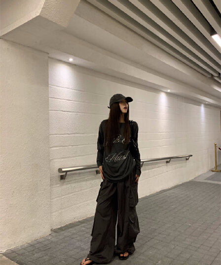 실사 정가 느긋한 바람 루즈핏 다용도 회색 핫픽스 알파벳 긴팔 티셔츠 회색 워크웨어 팬츠 세트