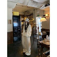 批发<b class='q'>实拍</b>实价 慵懒风圆领加绒秋冬保暖纯色卫衣+白色卫裤套装