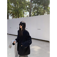 批发实拍实价 慵懒风高级感廓形中长款黑色毛呢西装外套大衣