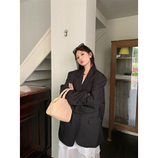 批发现实拍 高级经典垂感黑色西装休闲春装西服外套+白色镂空连衣裙