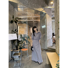 批发实拍实价 韩式极简纯色一片式收腰假两件长袖<b class='q'>衬衫</b>连衣裙