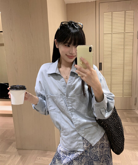 있음 선적 실사 정가 느긋한 바람 디자인 센스 허리 수축 안개 안개 블루 슈퍼 디스플레이 화이트 절묘한 아마 셔츠
