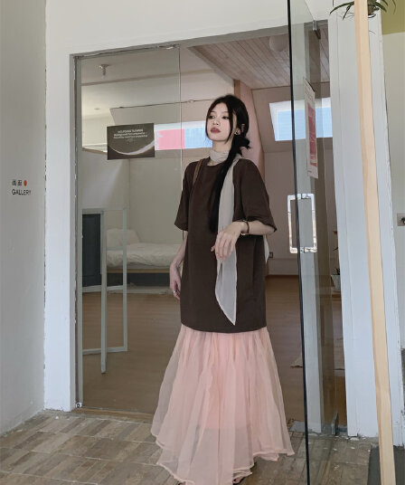 실사 정가 디자인 센스 느긋한 바람 리본 반팔 티셔츠 플리츠 장기 반신 치마 세트