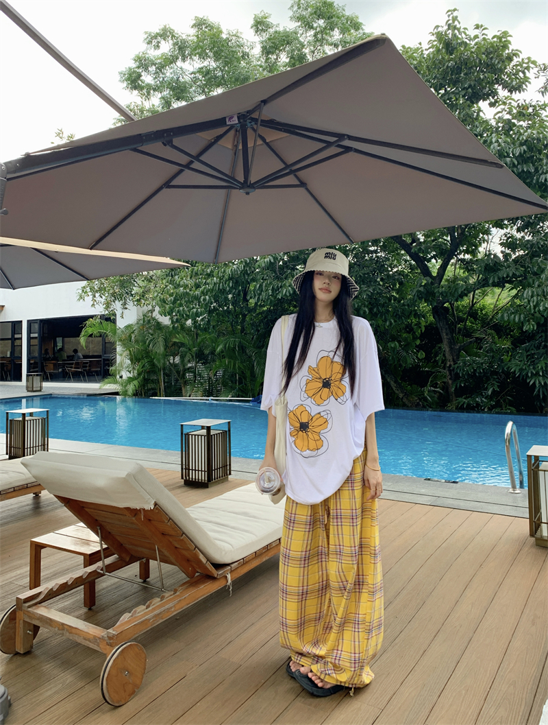 실사 정가 느긋한 바람 루즈핏 캐주얼 라운드 넥 프린트 꽃 반팔 체크무늬 와이드 레그 팬츠 세트