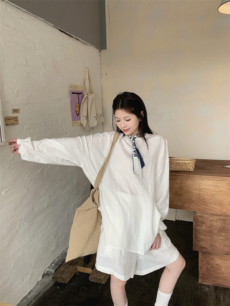 실사 정가 여름 단색 면 린넨 라운드 넥 긴팔 자외선 차단 맨위 허리밴드 반바지 세트