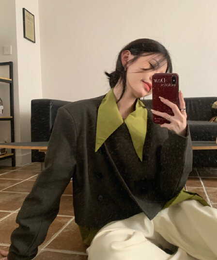 있음 선적 실사 이른 가을 라운드 넥 쇼트 스타일 절묘한 작은 여자 패션 재킷 이중 버튼
