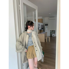 批发实拍 早秋翻领中长款双门襟卡其风衣外套<b class='q'>打底</b>T恤卡其短裤