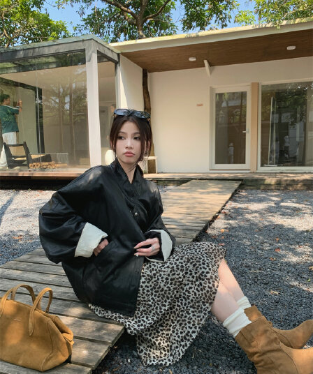 있음 선적 실사 달콤한 차가운 스탠드 칼라 루즈핏 가죽 재킷 재킷 재킷 허리밴드 수준 레오파드 무늬 반신 스커트