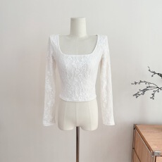 批发Chill巧儿【珍妮莫罗】浪漫立体<b class='q'>蕾丝</b><b class='q'>刺绣</b>磨毛修身弹力T恤上衣内搭