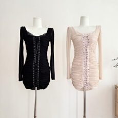 批发FAY【雾都恋人】修身长袖网纱褶皱设计感绑带纯欲包臀连衣裙