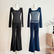 Tongiiuu 日常美学 条纹磨毛T恤内搭打底衫女直筒显瘦休闲裤套装