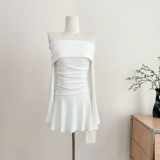 批发若语定制 韩女氛围感 <b class='q'>一字肩</b>抽褶弹力<b class='q'>连衣裙</b>纯欲气质名媛性感裙子
