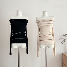 批发METWO 条纹一字肩长袖针织衫女2025<b class='q'>秋</b>季薄款温柔气质显瘦上衣